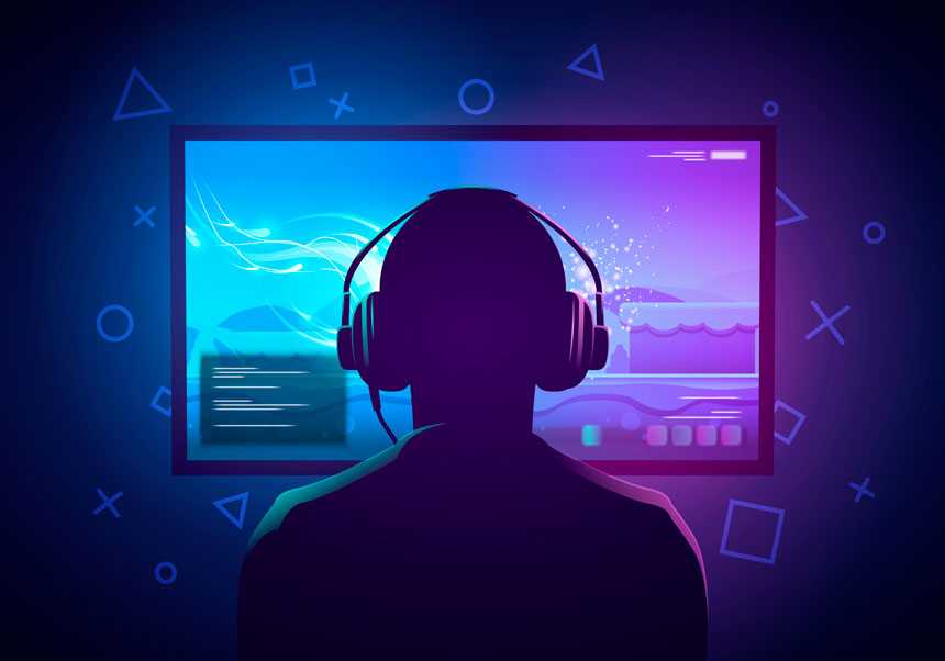 Graphic of man in front of computer with headphones