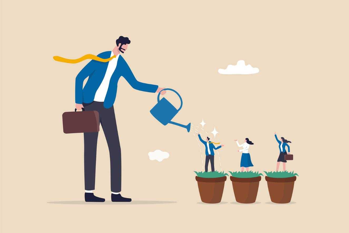 Illustration of a manager, watering pots with people in place of flowers.