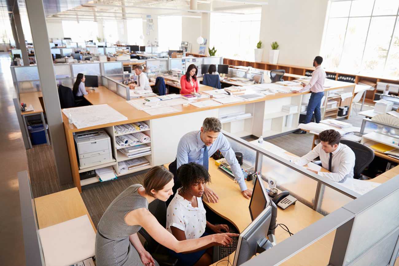 colleagues working at woman's desk