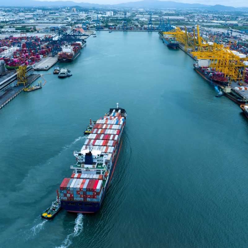 Cargo ship coming into a seaport