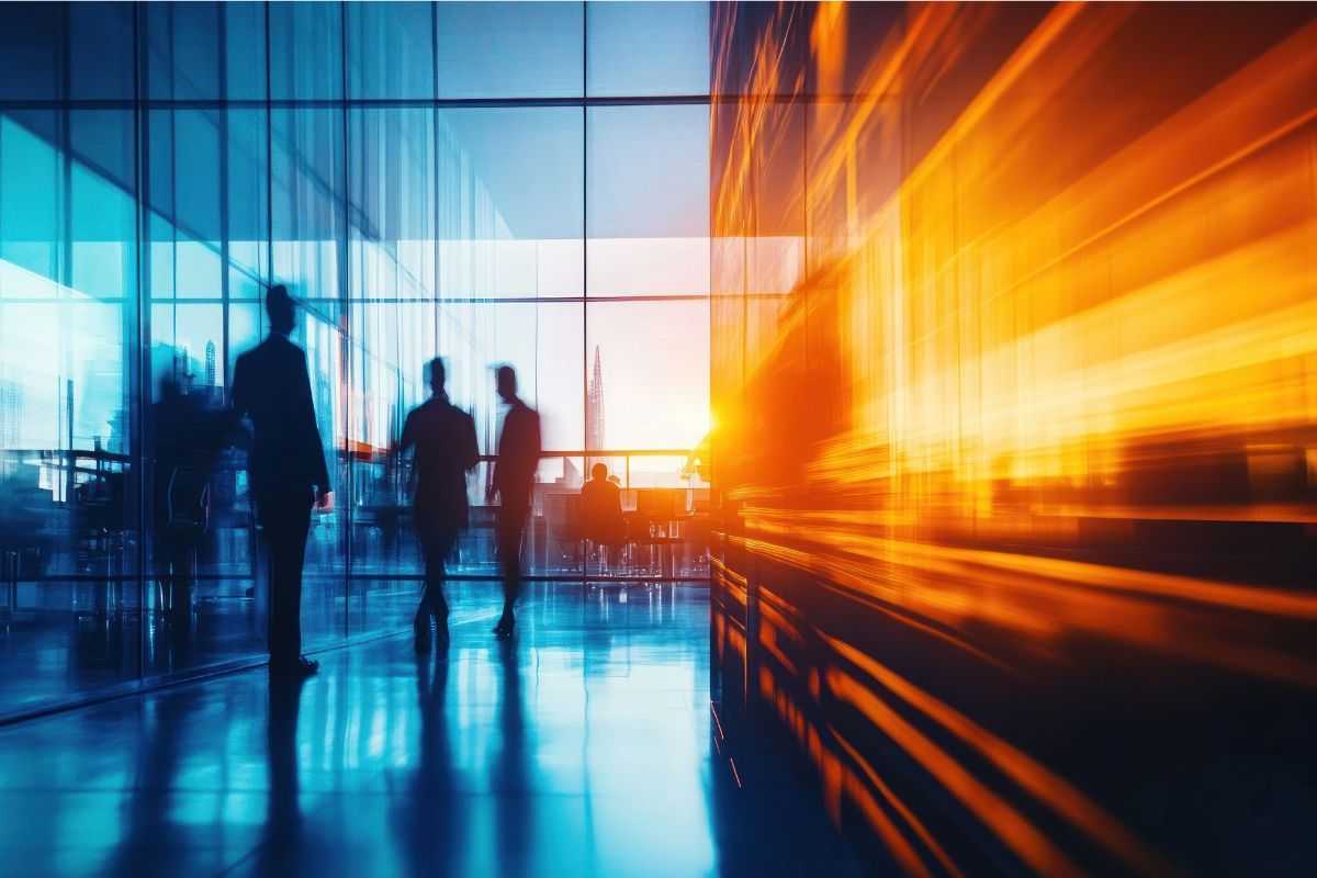 composite image with silhouettes of people in a hallway