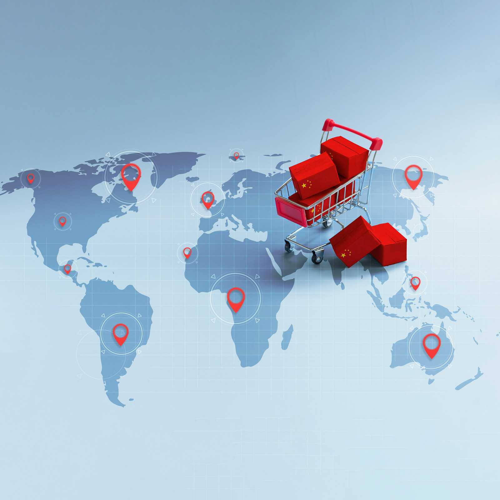 globe map with a full shopping cart on China