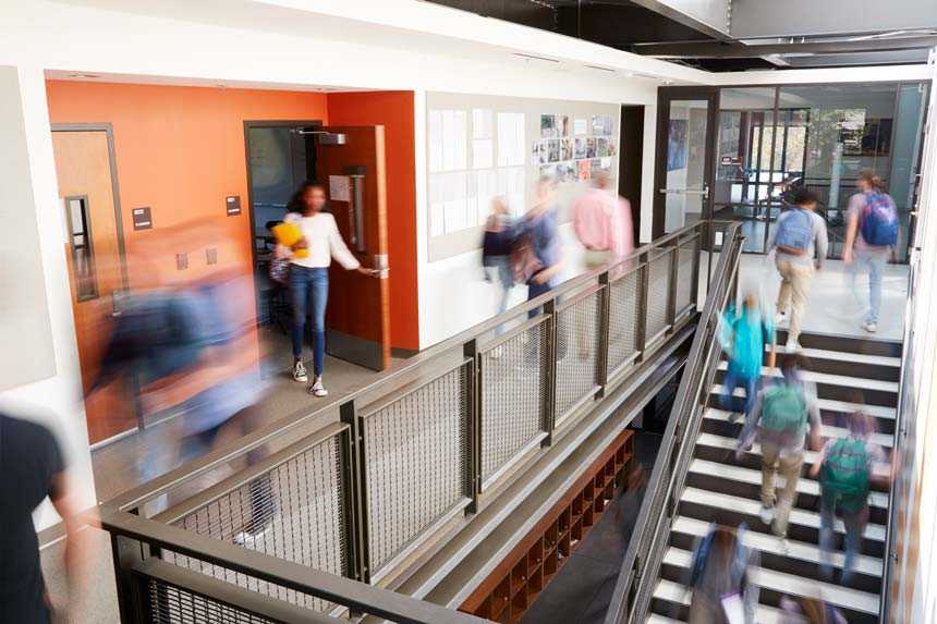 students moving through halls