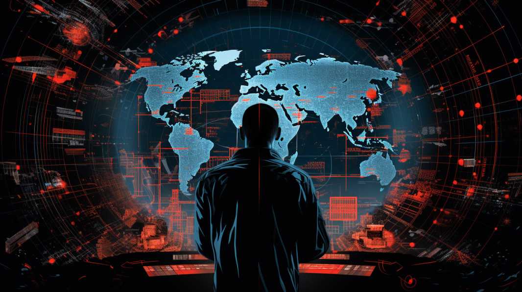 man looks at global map with threats
