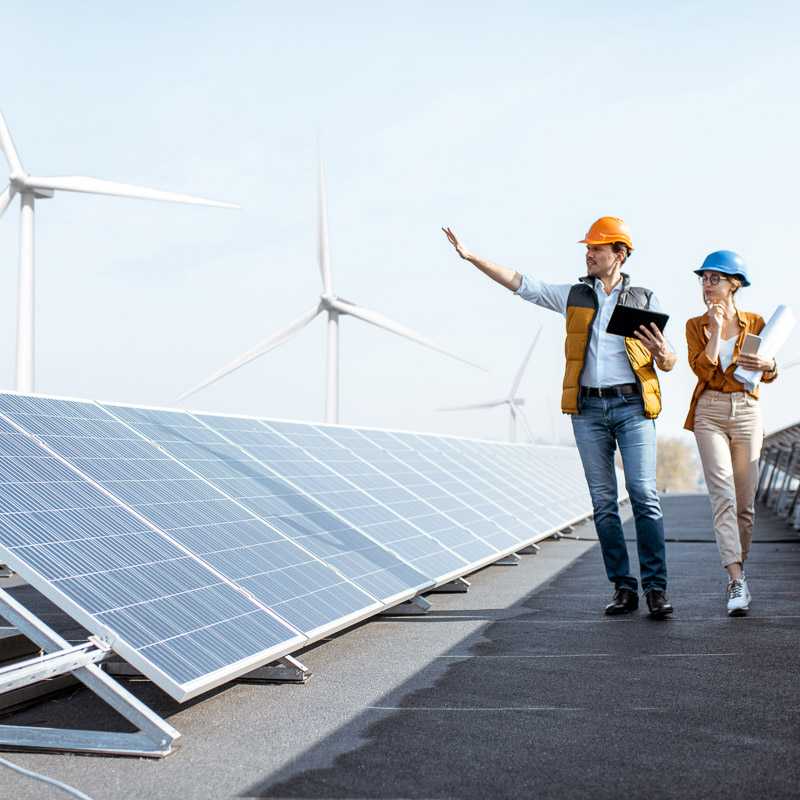 People on roof discussing renewable energy