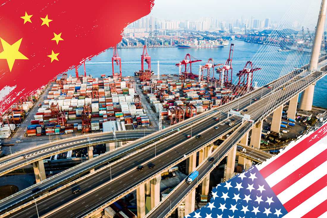 us and chinese flags with freight port
