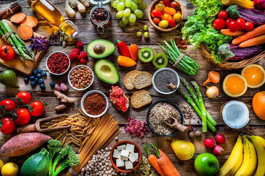 Rainbow spread of healthy food