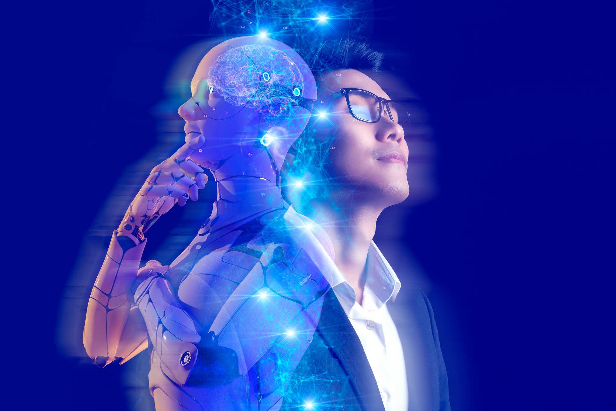 Man looking inspired with AI figure at his back