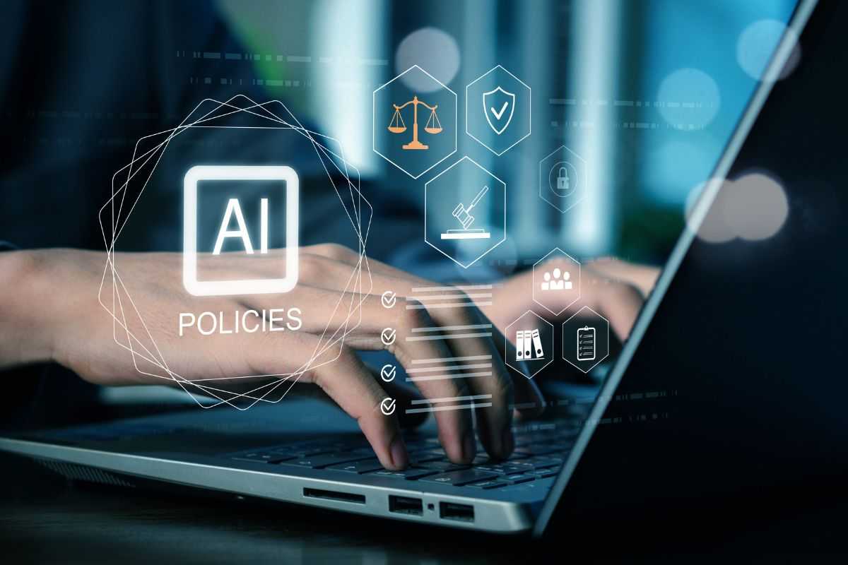 Hands typing on keyboard with AI policy hologram
