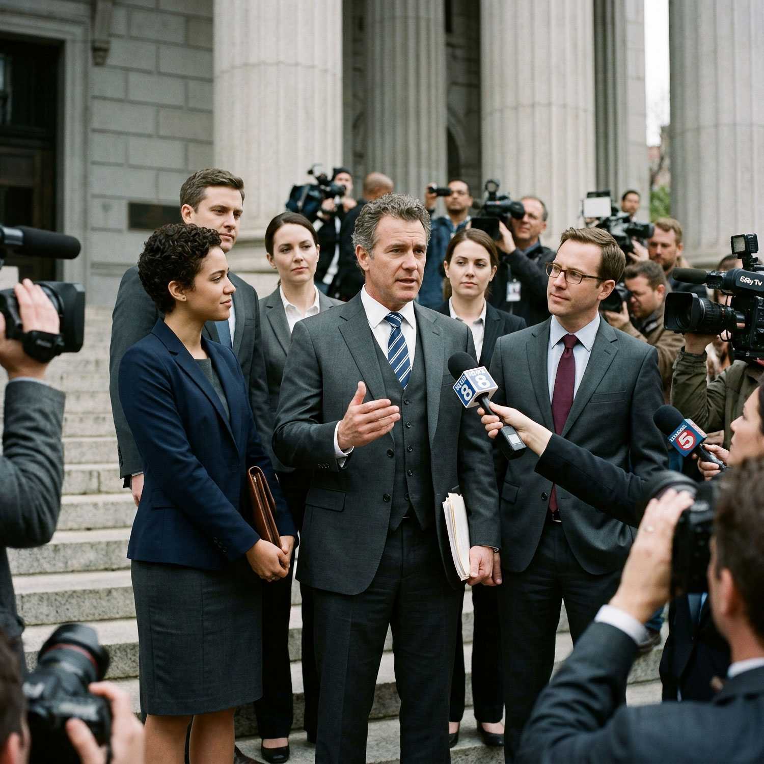 press conference in front of a courthouse