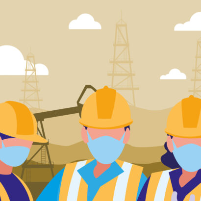Cartoon image of three construction workers with masks