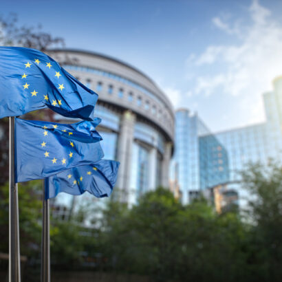 European Union flags in front of building